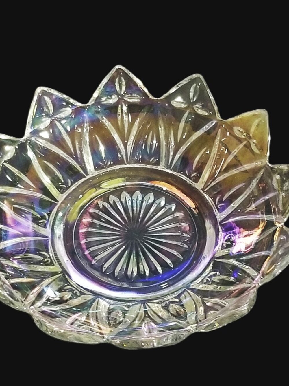 Vintage Federal Glass Petal Iridescent 10” Bowl Atomic Starburst MCM